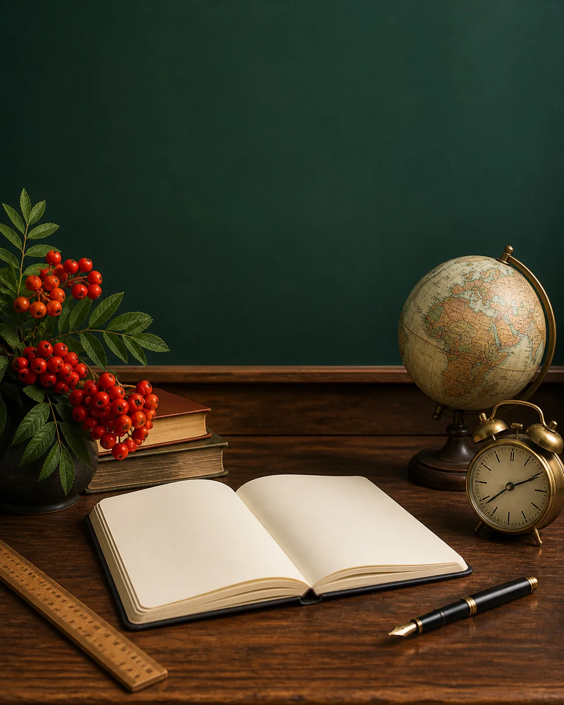 Школьная доска, глобус, книги, тетрадь и ветки рябины