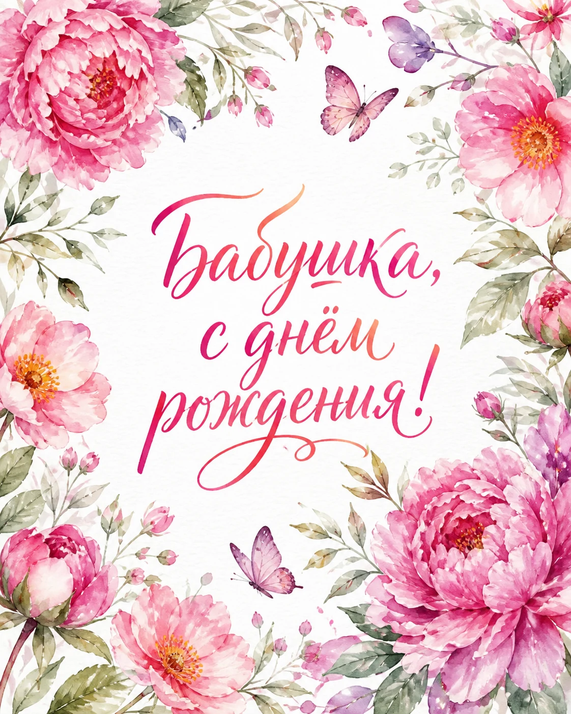 Акварельная открытка бабушке с пионами
