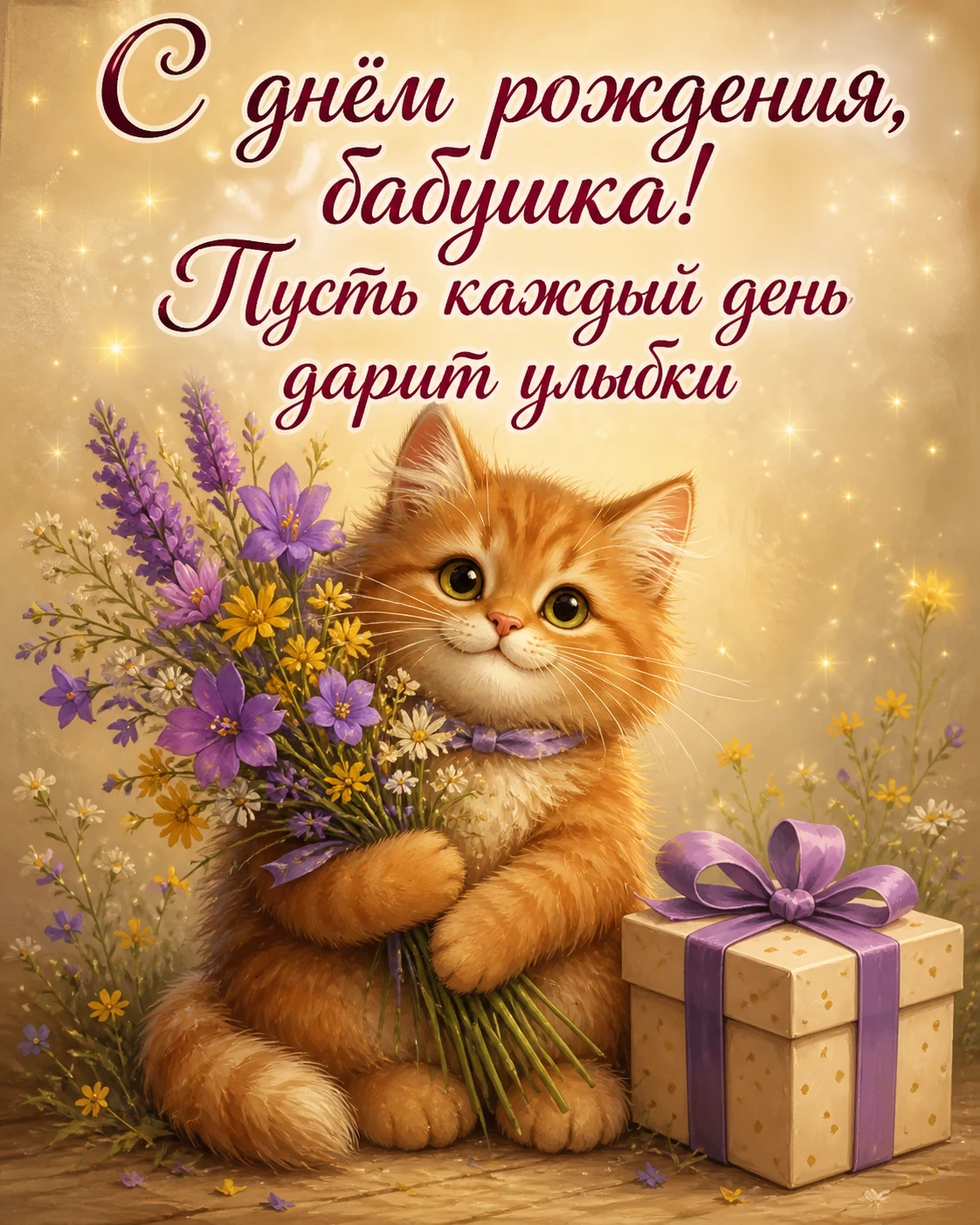 Весёлая открытка бабушке с котёнком