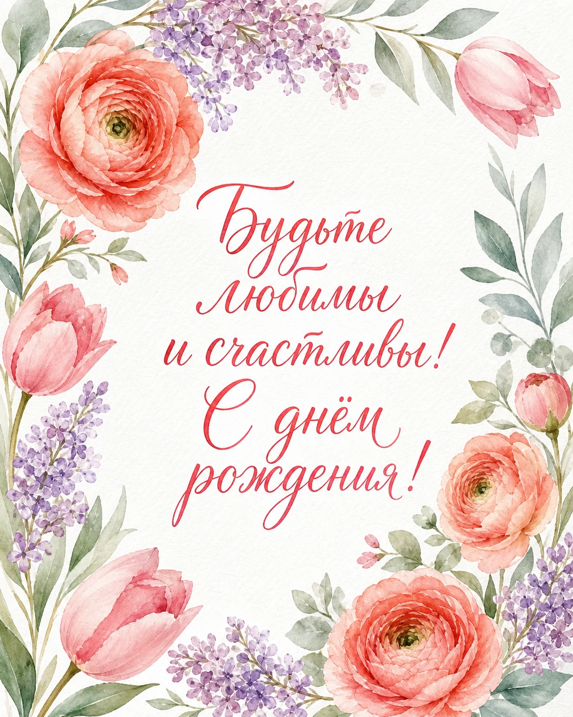 Акварельная открытка женщине — будьте любимы и счастливы