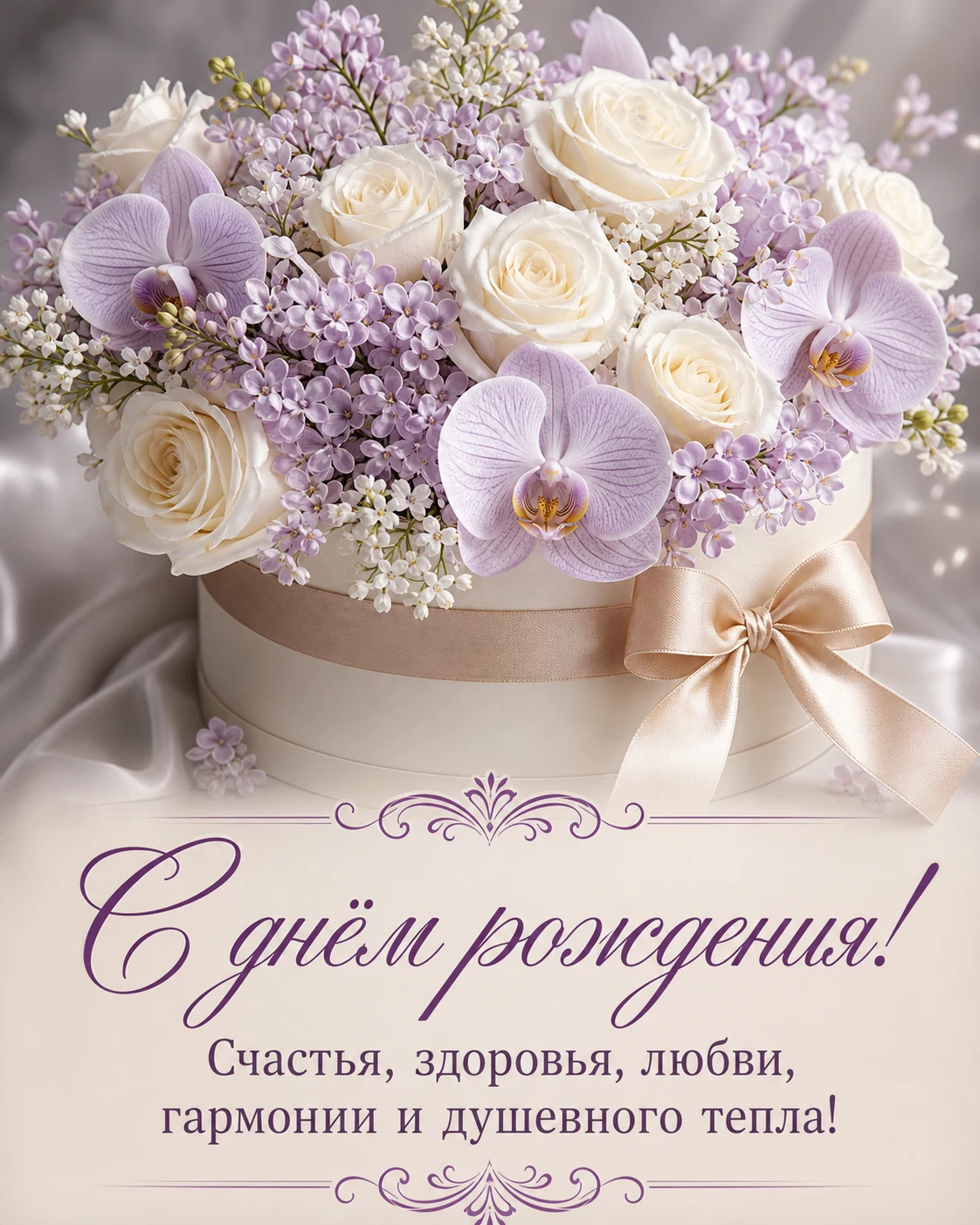 Открытка женщине с белыми розами и орхидеями