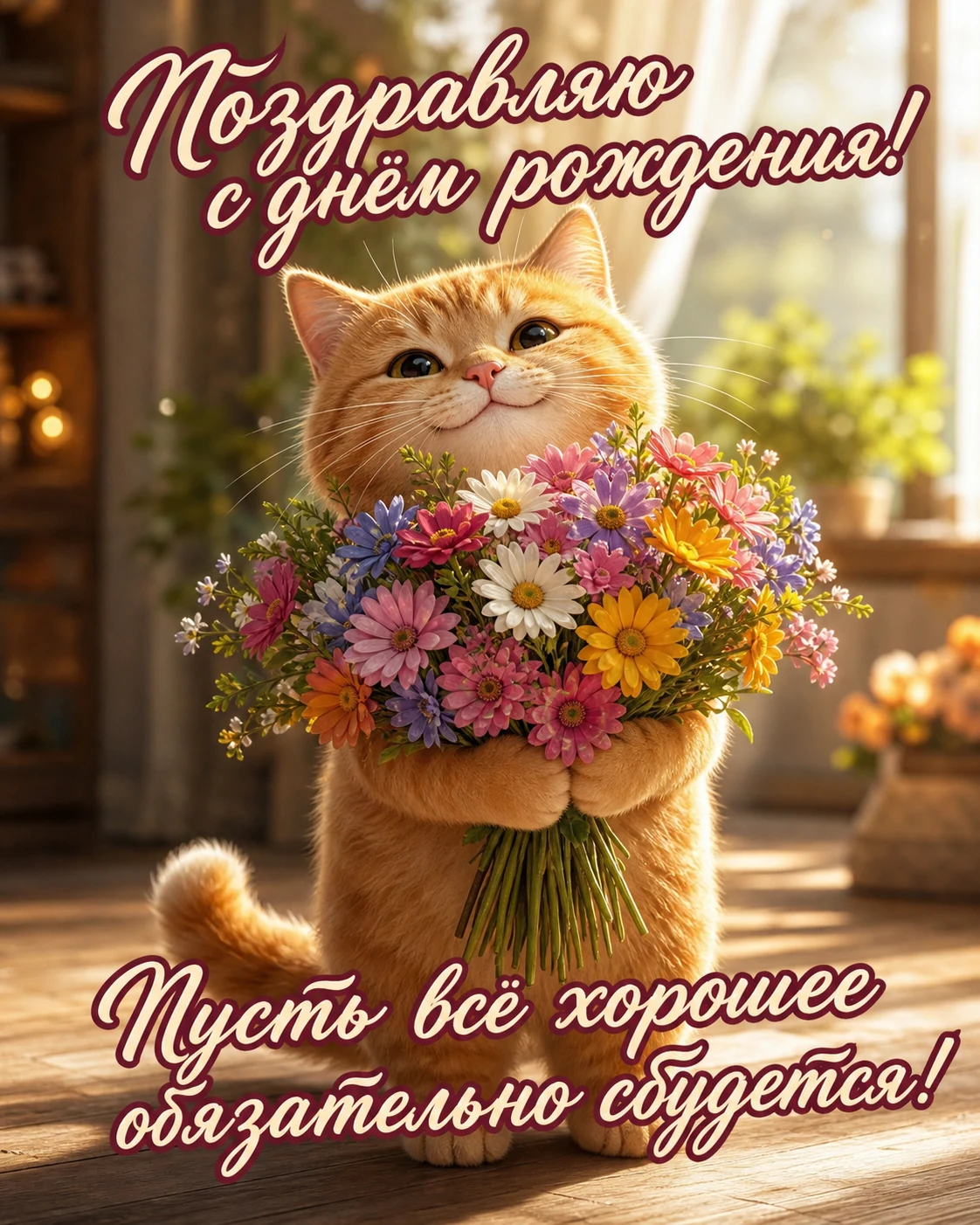 Открытка с рыжим котом и букетом — пусть всё хорошее сбудется
