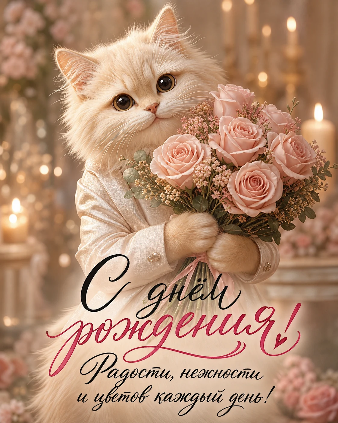 Нежная открытка женщине с котом и розами