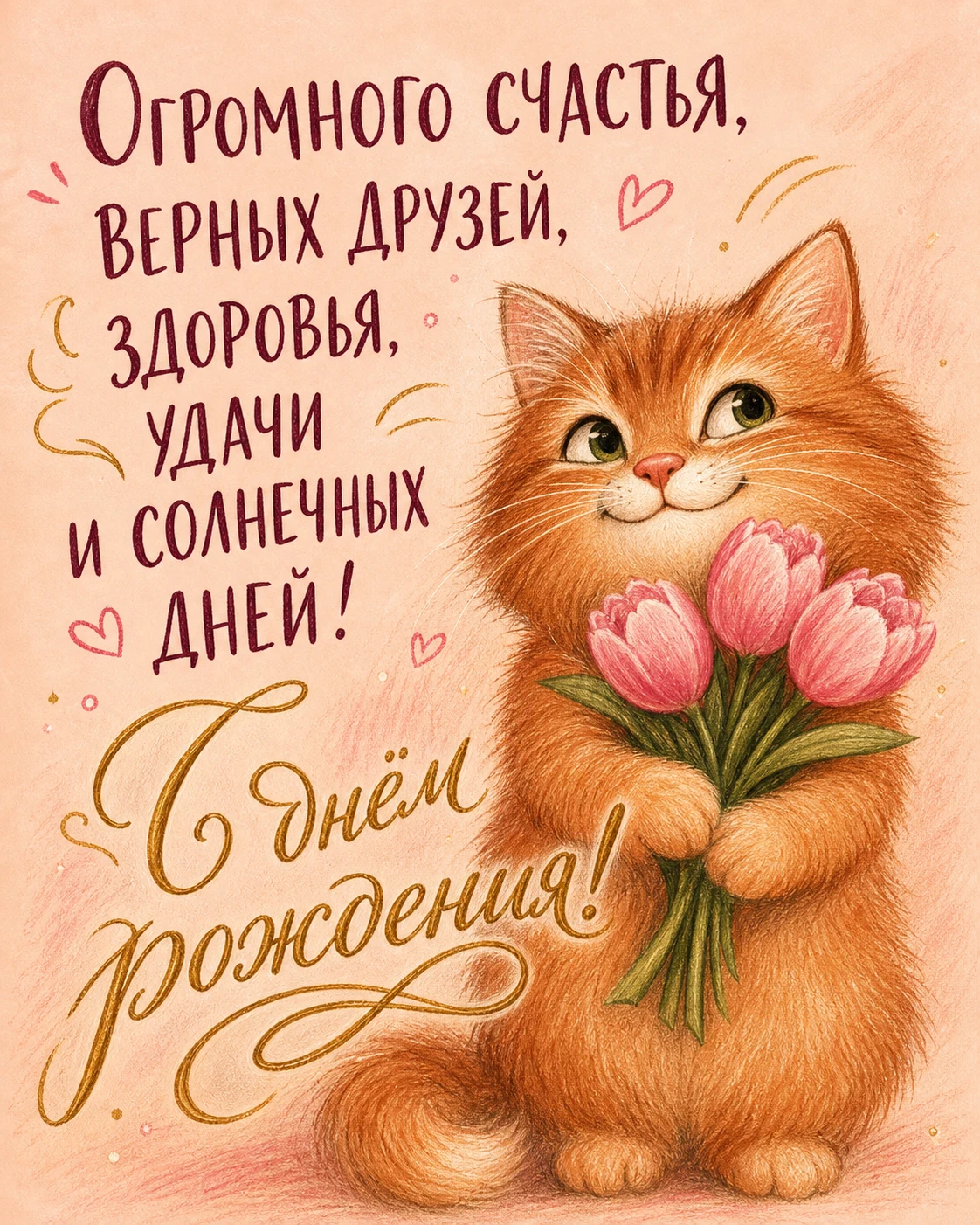 Весёлая открытка женщине с котом, тюльпанами и пожеланием