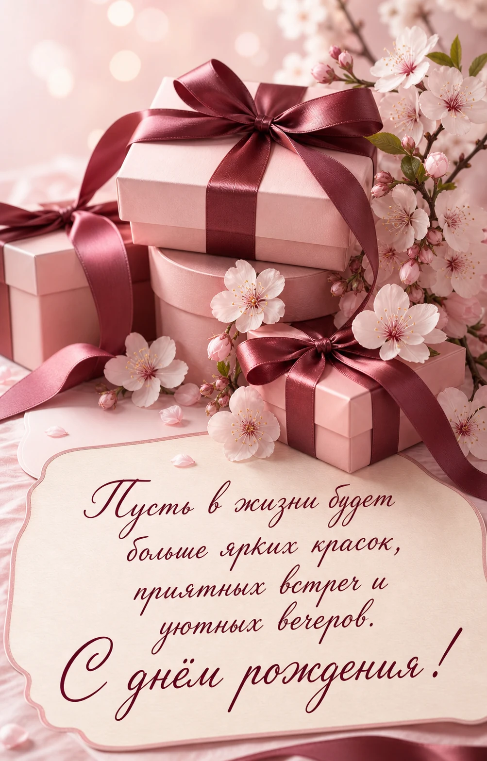 Открытка женщине с подарками и пожеланием ярких красок